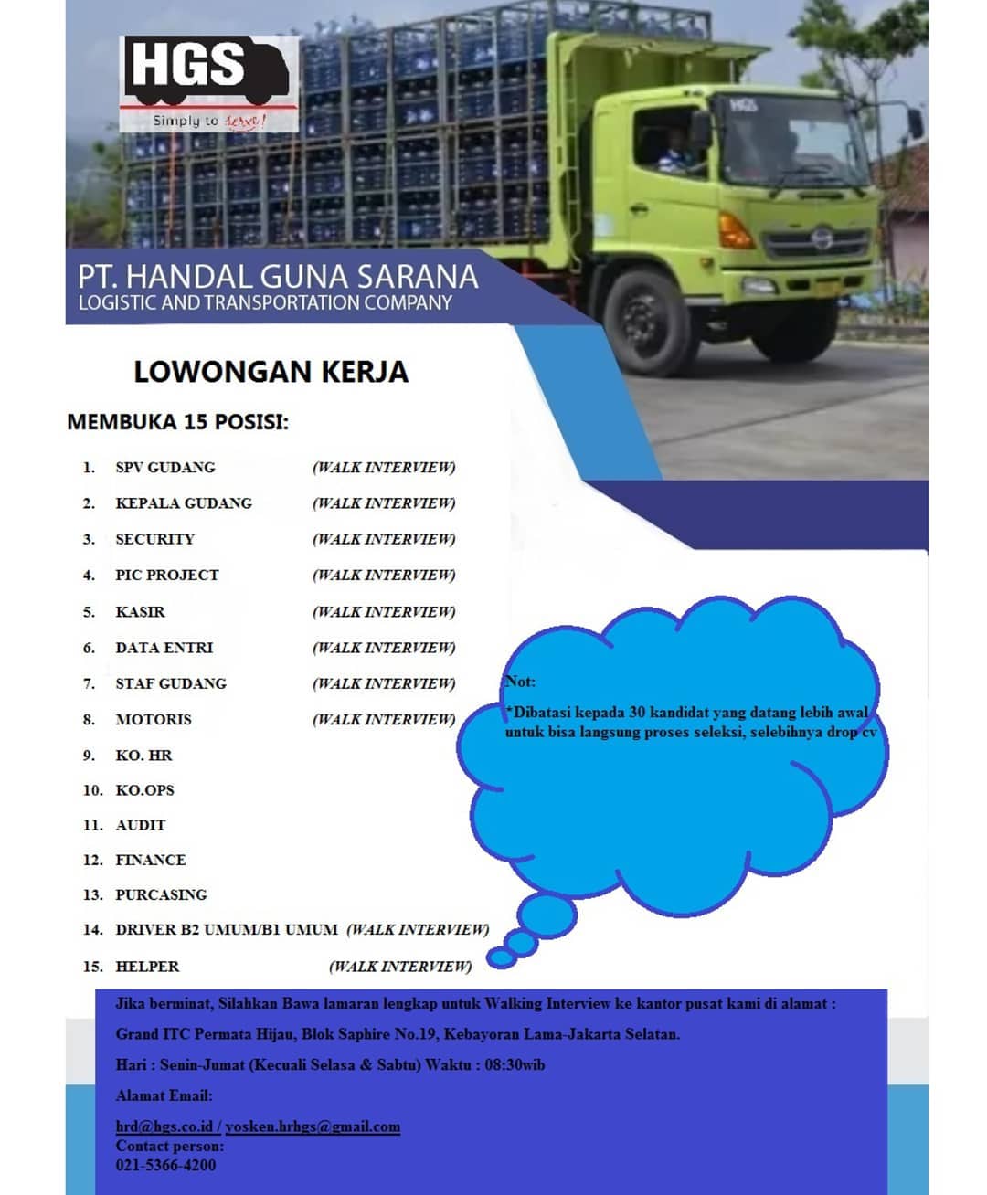 LOWONGAN KERJA
PT. HANDAL GUNA SARANA 
Membuka 15 POSISI:
1.	SPV GUDANG (WALK IN...