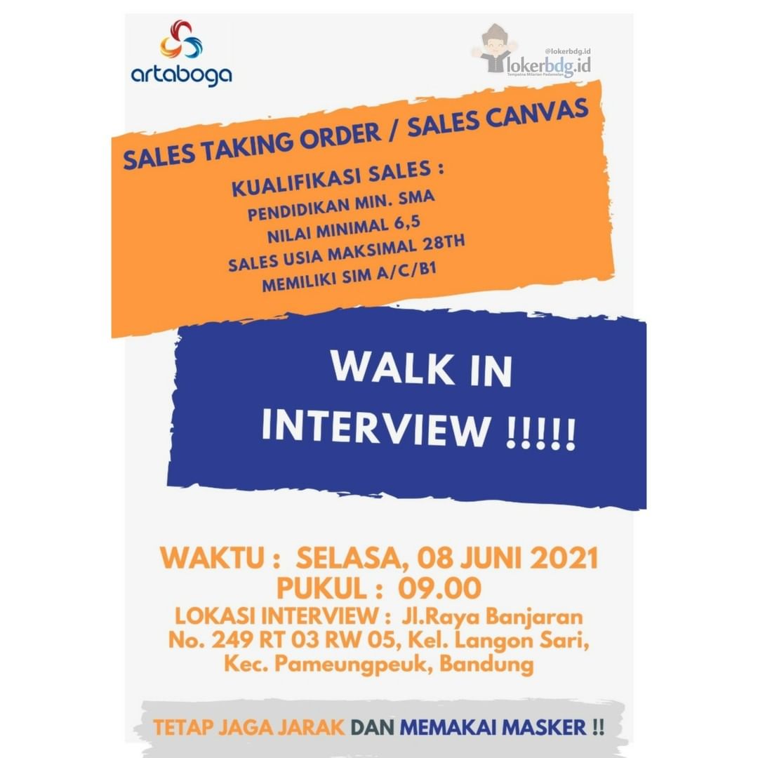 ARTABOGA
.
We are hiring
- SALES TAKING ORDER / SALES CANVAS
.
Walkin interview
...