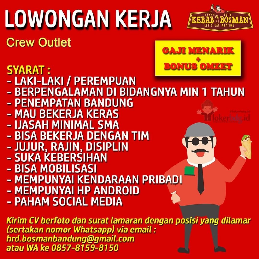 KEBAB BOSMAN
.
We are hiring
- CREW OUTLET
.
Kirim CV berfoto dan surat lamaran ...