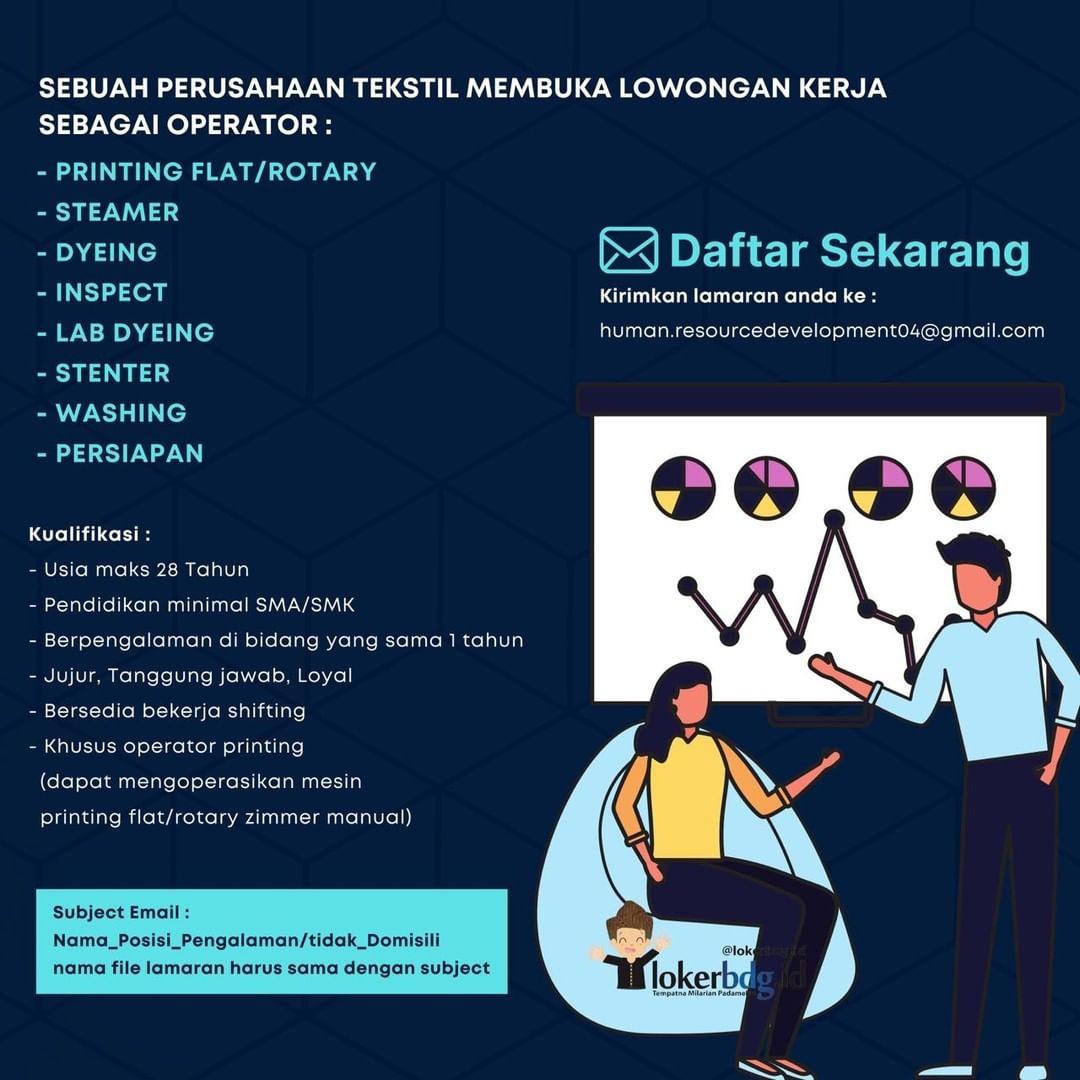 Perusahaan Tekstil membuka lowongan kerja sebagai operator
.
- Printing Flat/Rot...