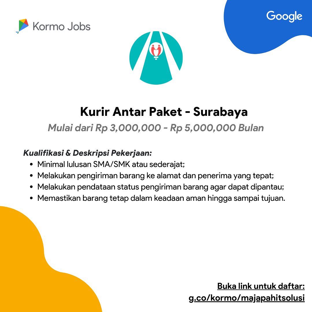 Halo arek arek Suroboyo!

Ada kabar menarik nih ! PT Majapahit Solusi Bersama se...