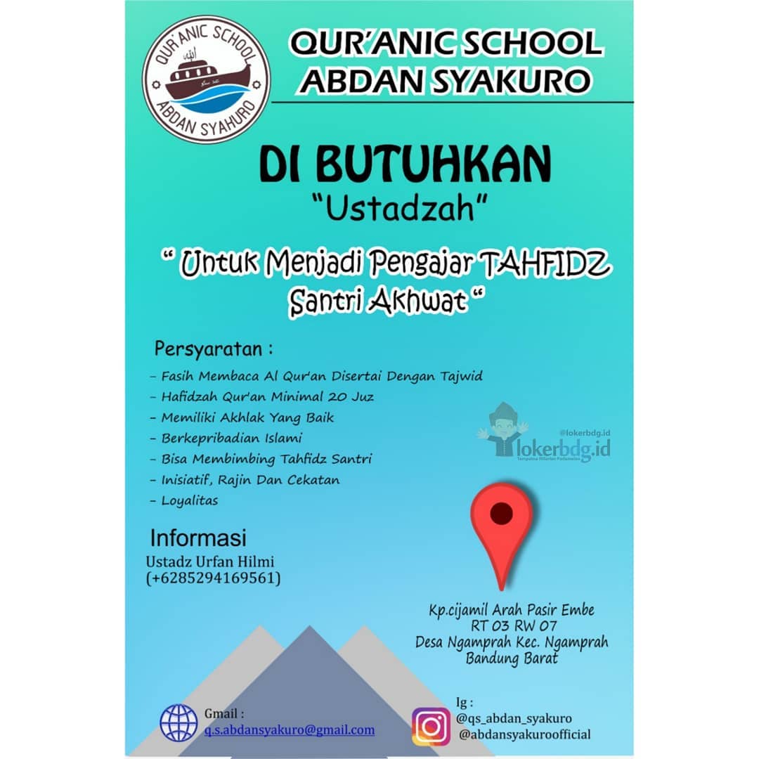 QUR'ANIC SCHOOL ABDAN SYAKURO
.
DI BUTUHKAN "Ustadzah"
.
Untuk Menjadi Pengajar ...