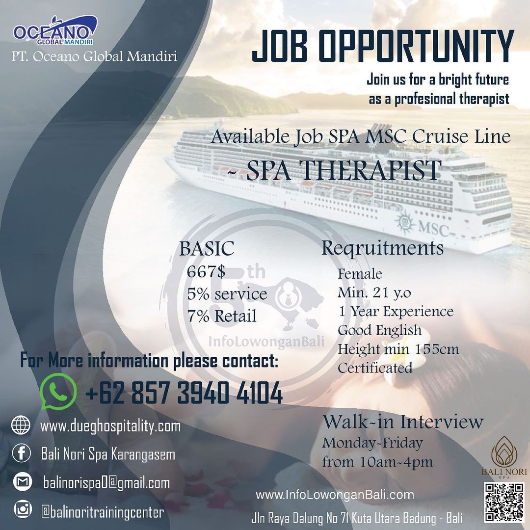 URGENTLY NEEDED! 
.
Dibutuhkan segera Crew SPA Therapist untuk penempatan di MSC...
