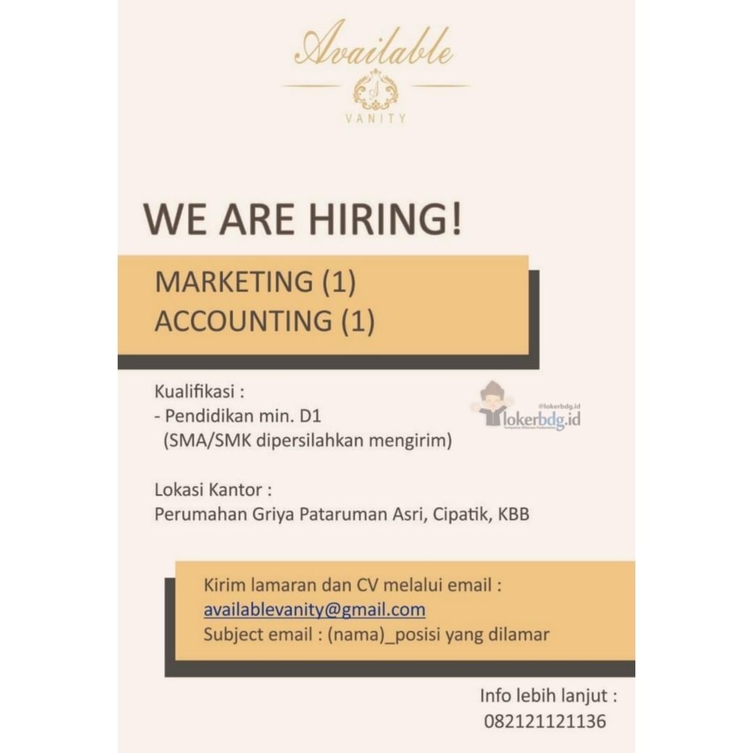 AVAILABLE VANITY
.
WE ARE HIRING!
- MARKETING (1)
- ACCOUNTING (1)

Kualifikasi ...