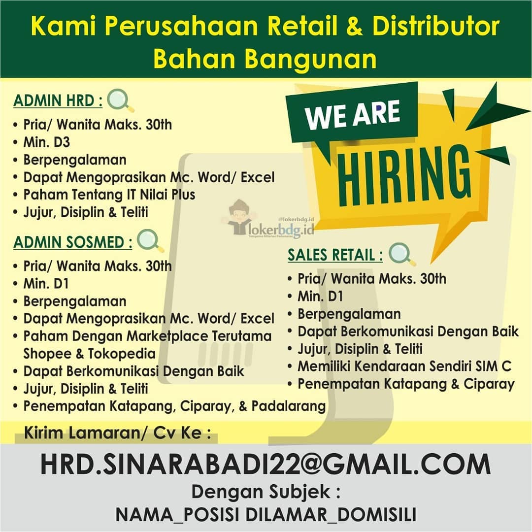 CV. SINAR ABADI
Kami Perusahaan Retail & Distributor Bahan Bangunan
.
We are hir...