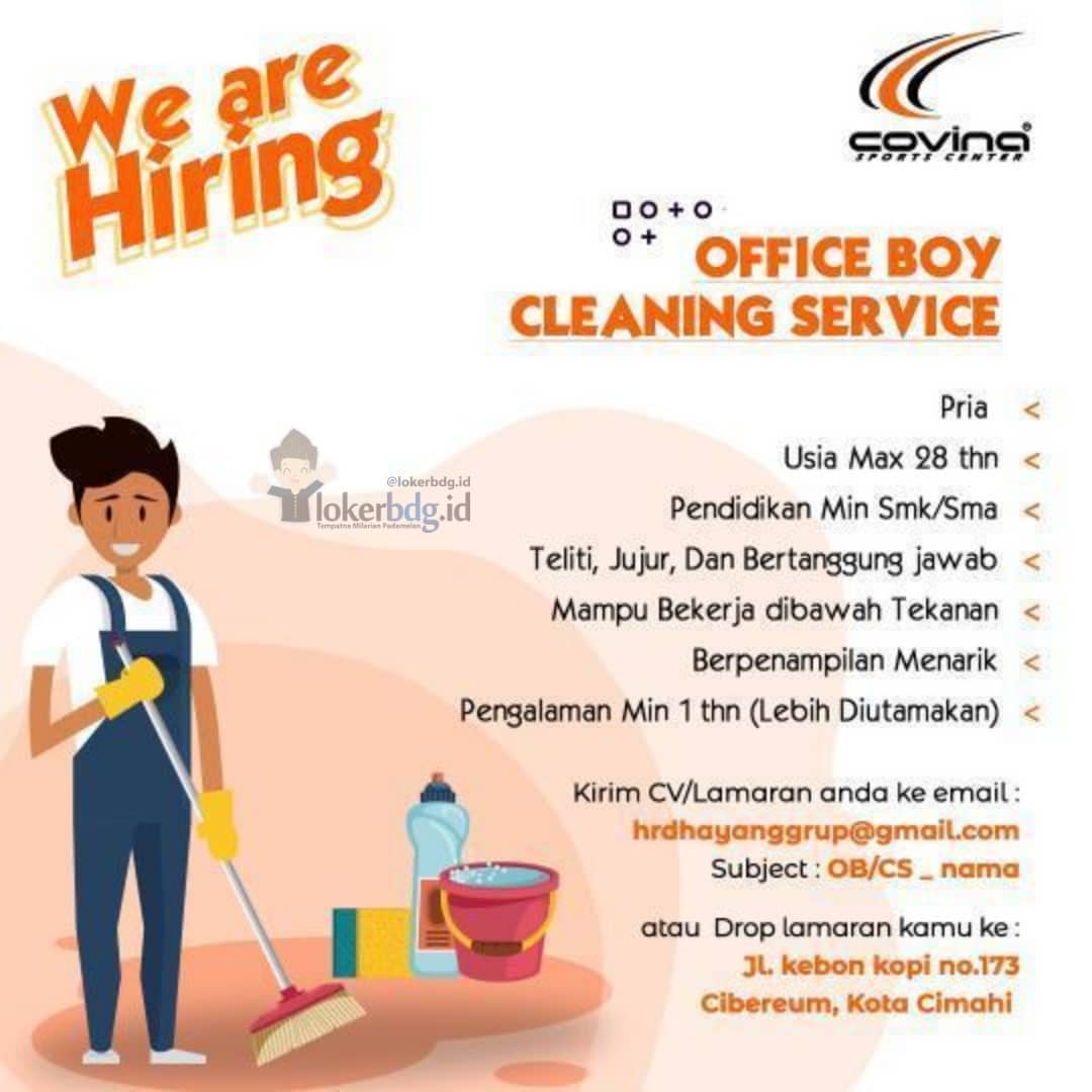 COVINA SPORT CENTER
.
We are hiring
- OFFICE BOY CLEANING SERVICE
.
Kualifikasi ...