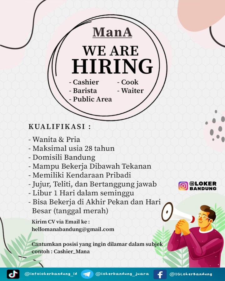 ManA Caffe and Cotage is Hiring Now !

Bagi kalian yg berminat dan memenuhi kual...