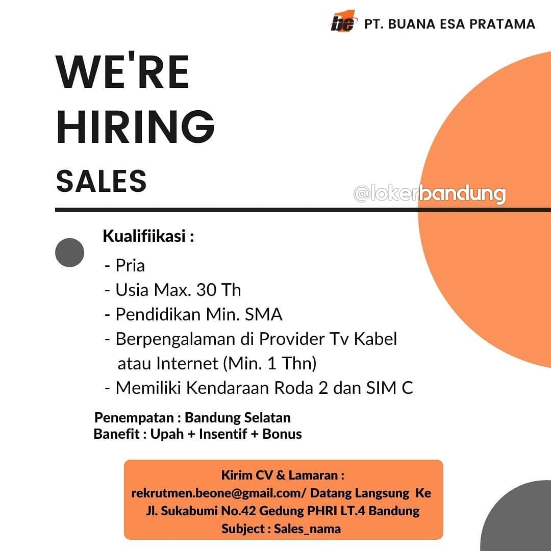 PT. BUANA ESA PRATAMA

Dibutuhkan Segera Sales 
Untuk penempatan Bandung Selatan...
