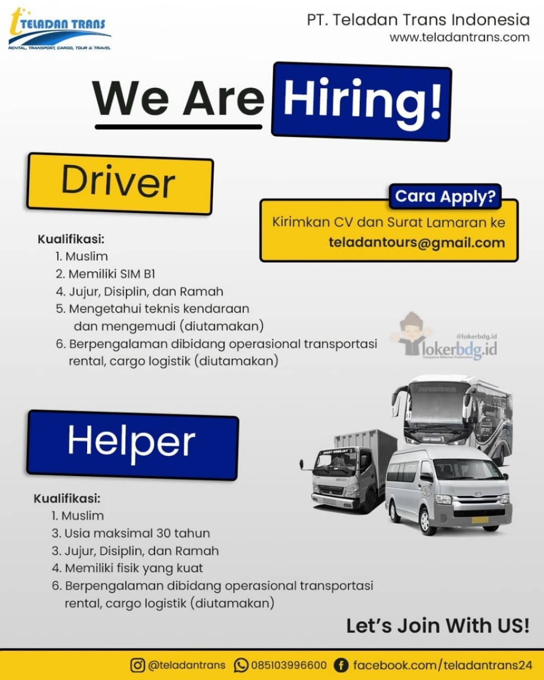 [TELADAN TRANS HIRING]

PT. Teladan Trans Indonesia membuka kesempatan untuk kal...
