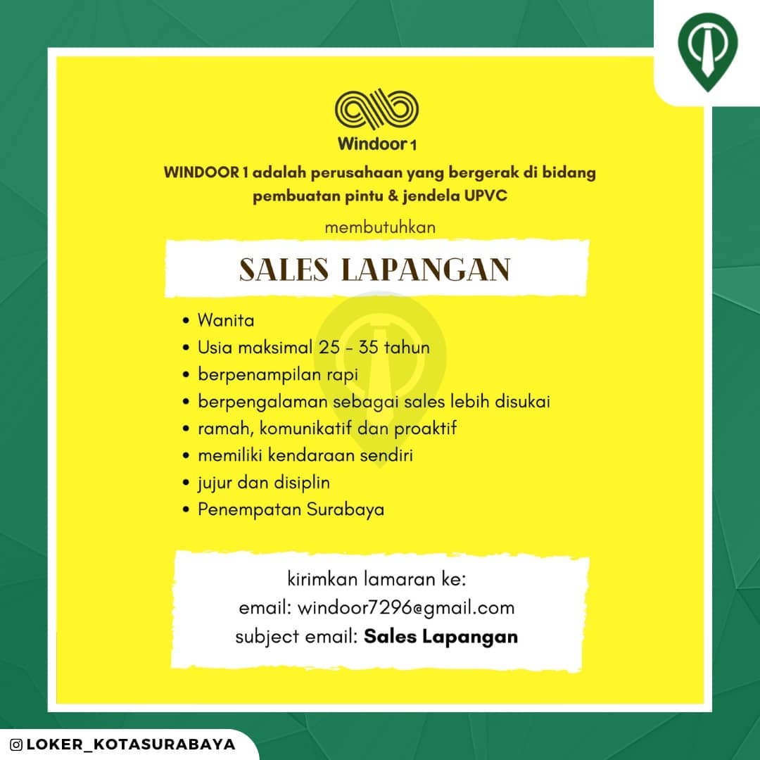 LOWONGAN KERJA
Sales Lapangan
@upvc.windoor
_____
Kirimkan lamaran ke :
Email : ...