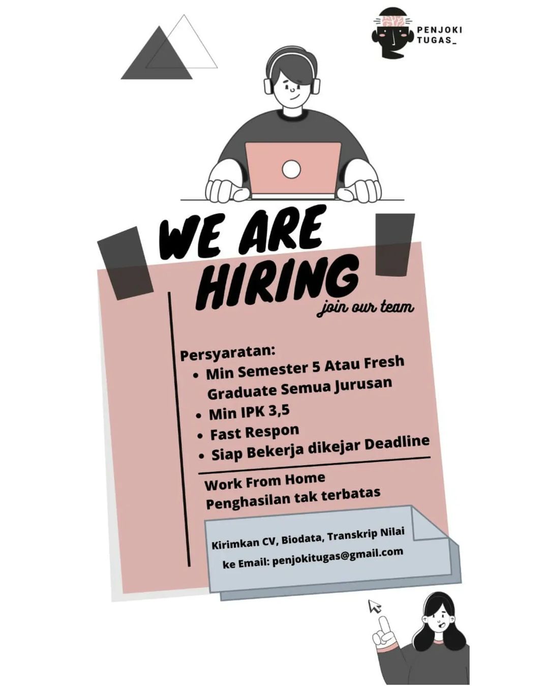 WE ARE HIRING!!!

@penjokitugas_ telah membuka lowongan kerja freelance dibidang...