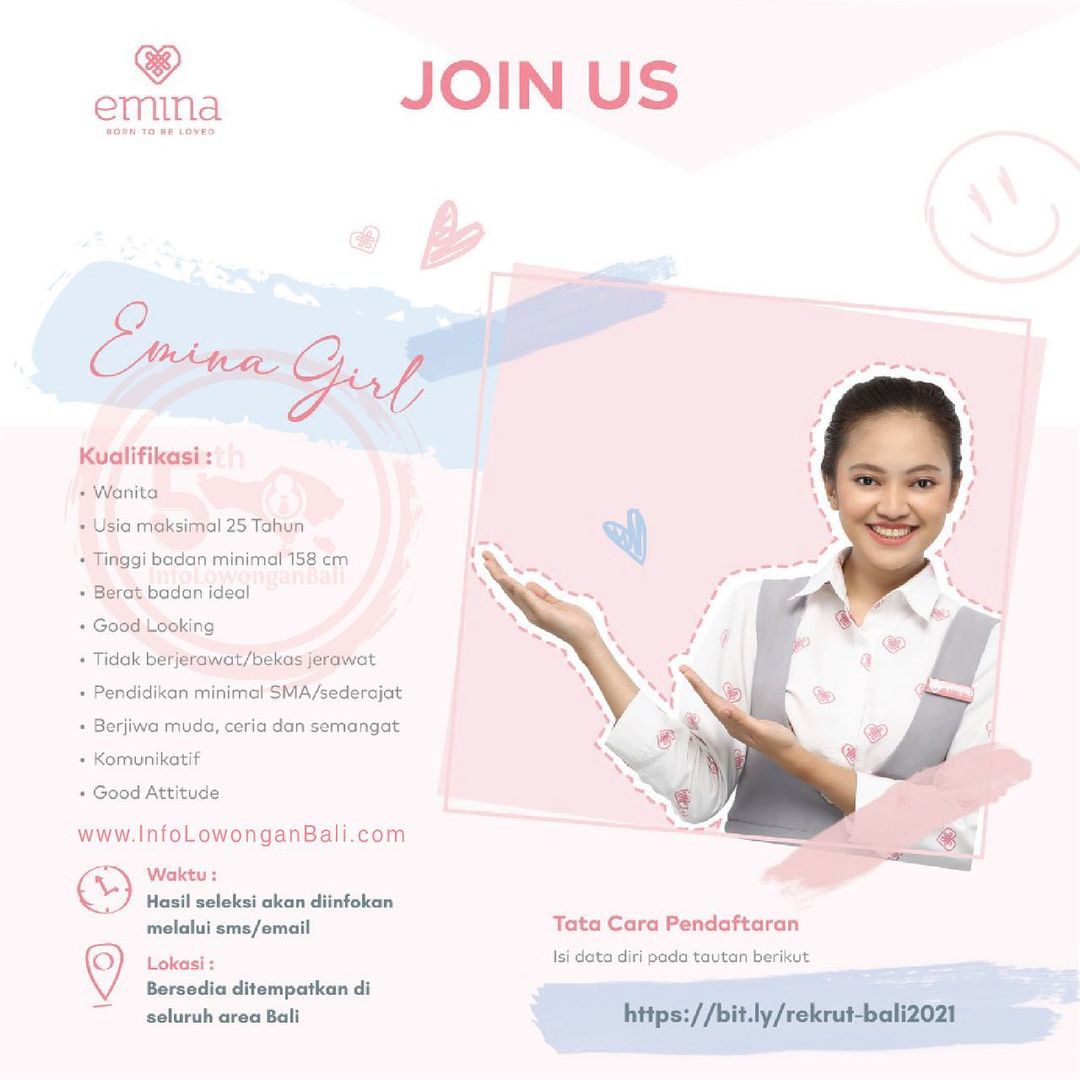 JOIN US ! EMINA GIRL
.
Kualifikasi :
- Wanita
- Usia maksimal 25 tahun
- Tinggi ...