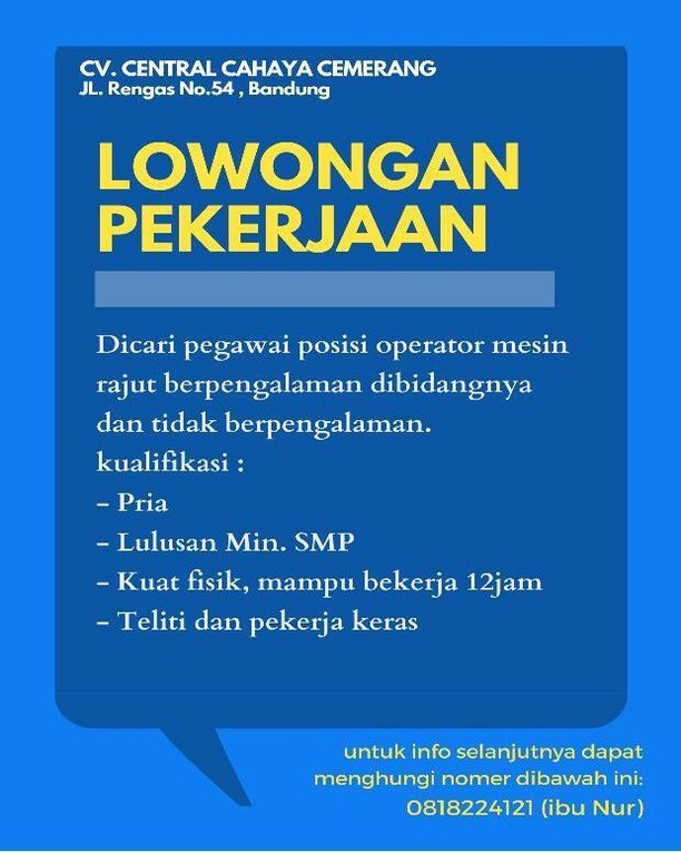 Ada lowongan kerja terbaru di pabrik untuk posisi operator mesin rajut, nama pab...