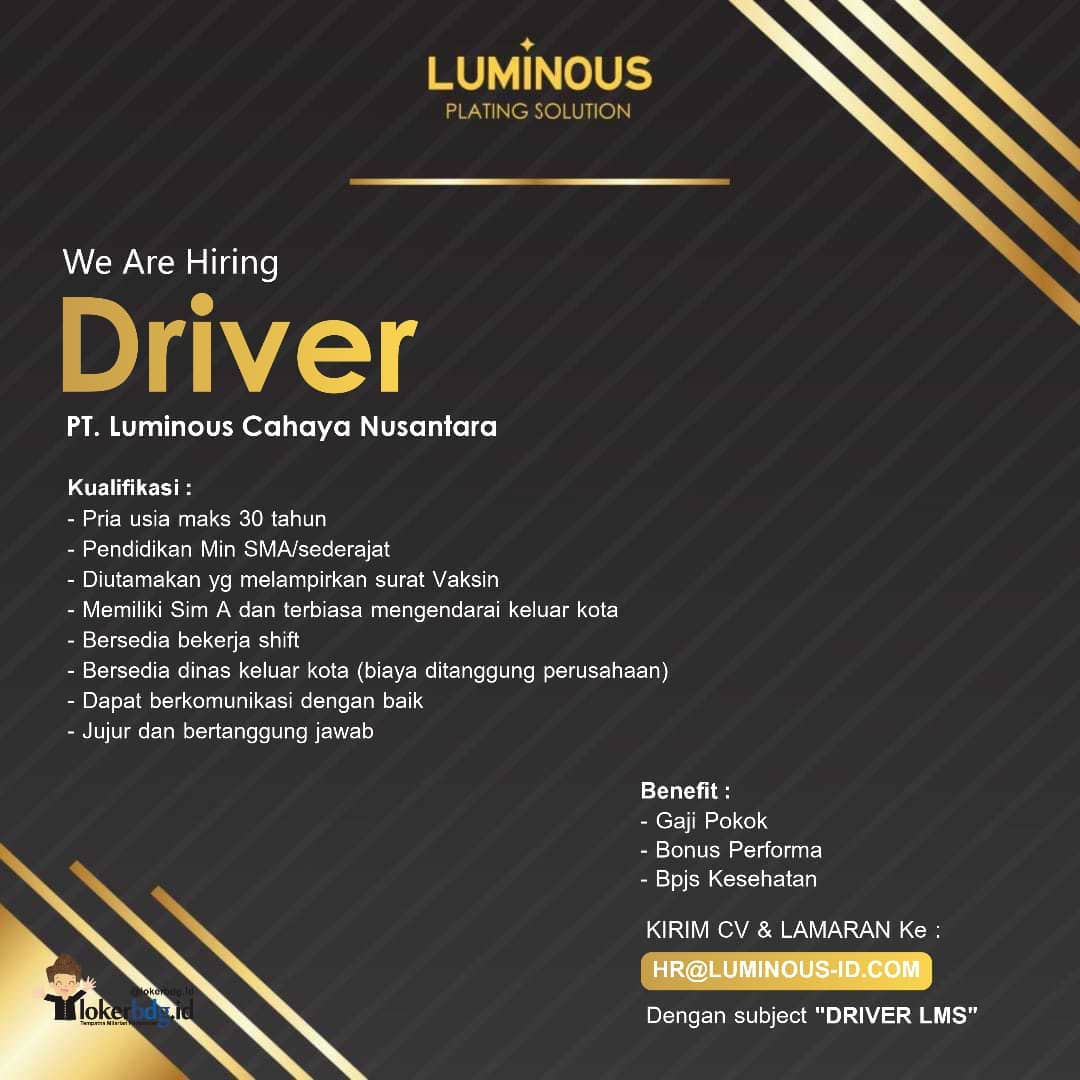 PT. Luminous Cahaya Nusantara
.
We are hiring
- Driver
.
Kualifikasi :
- Pria us...