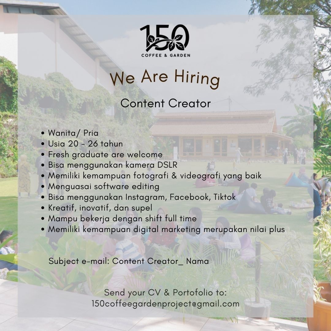 Penempatan di:
150 Coffee & Garden, Jl. Sulaksana No.50, Cicaheum, Kec. Kiaracon...