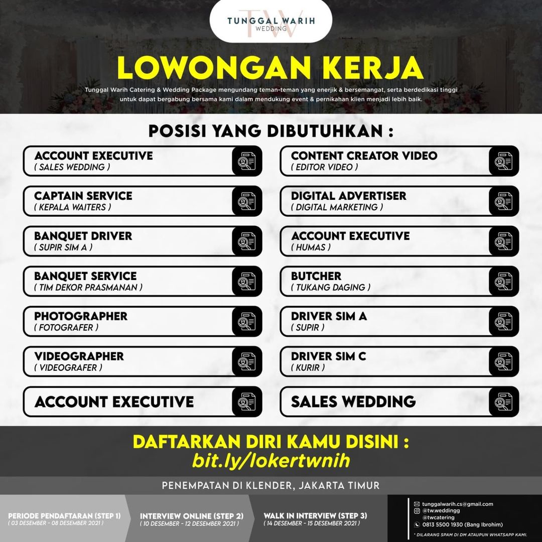 Assalamu'alaikum wr.wb
LOWONGAN KERJA

CV.Tunggal Warih bergerak di bidang Weddi...