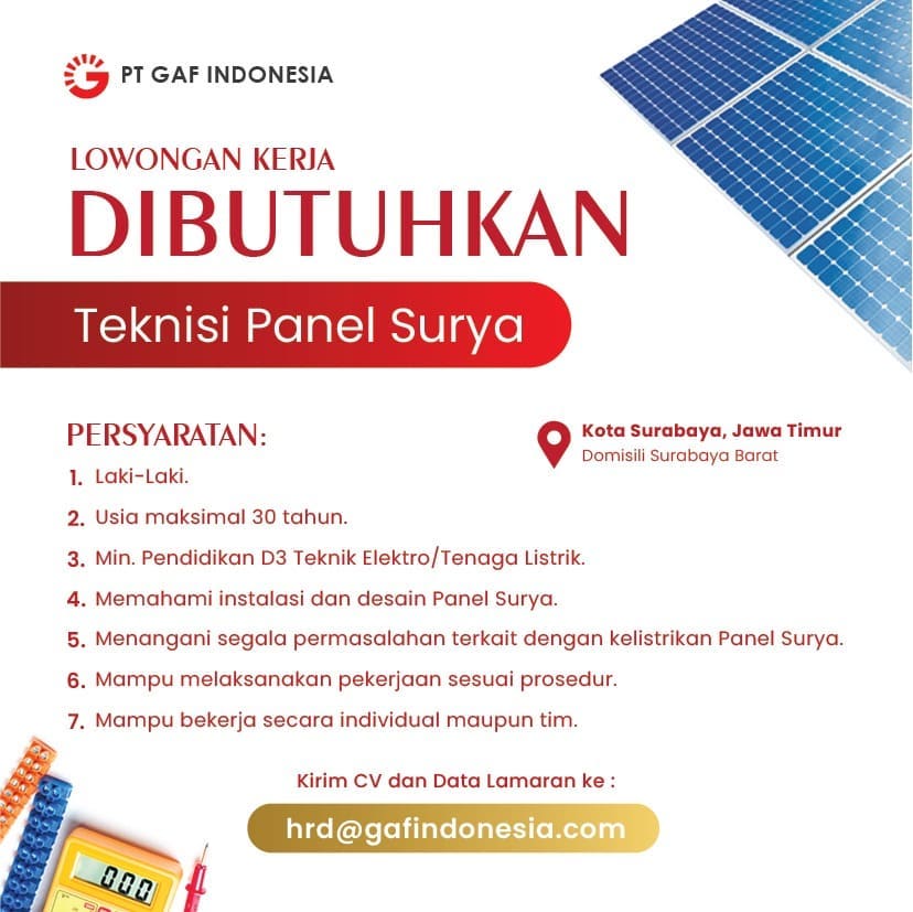 Dibutuhkan Teknisi Panel Surya
-
Domisili Surabaya Barat

Persyaratan:
1. Laki-L...