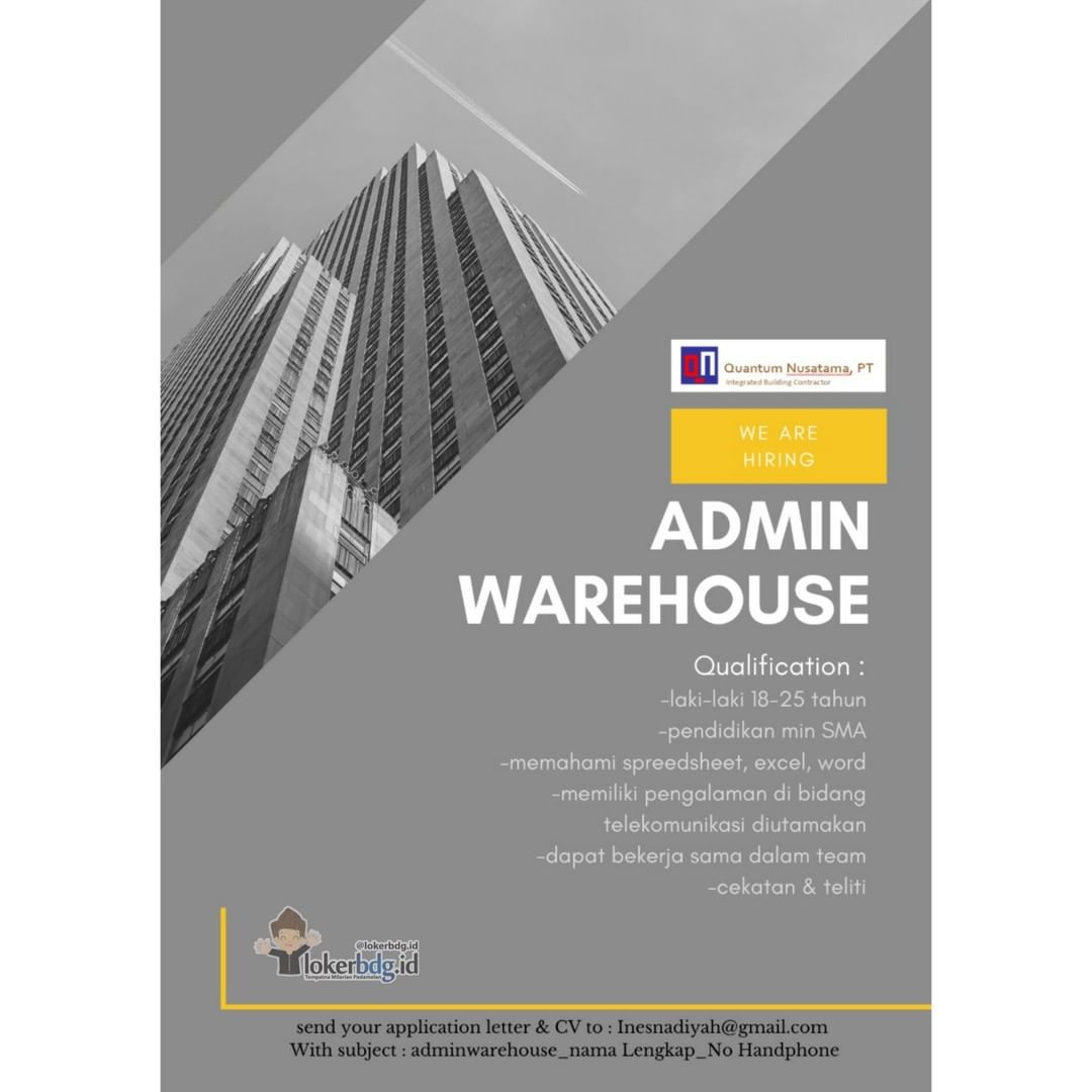 PT. Quantum Nusatama
.
We are hiring
- ADMIN WAREHOUSE
.
Qualification :
-laki-l...