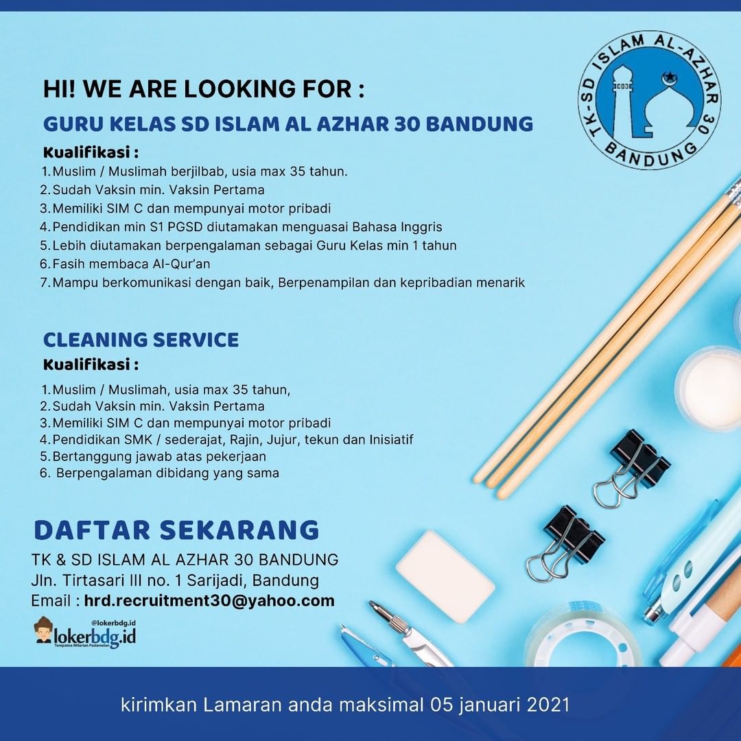 TK & SD ISLAM AL AZHAR 30 BANDUNG
.
We are hiring
- GURU KELAS SD ISLAM AL AZHAR...