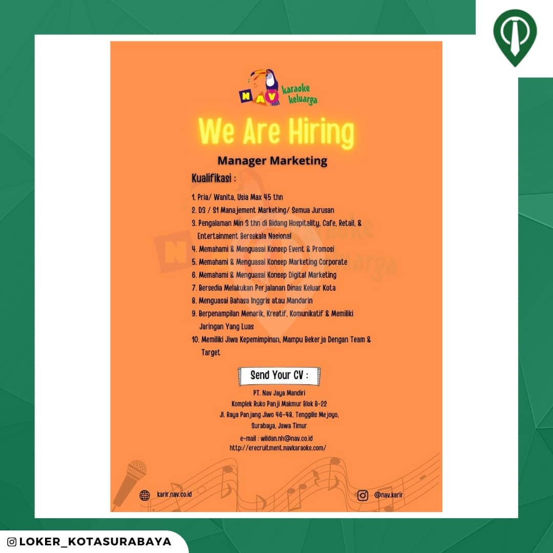 LOWONGAN KERJA
PT. Nav Jaya Mandiri (Nav Karaoke)
_____
Dibutuhkan :
- Manager M...