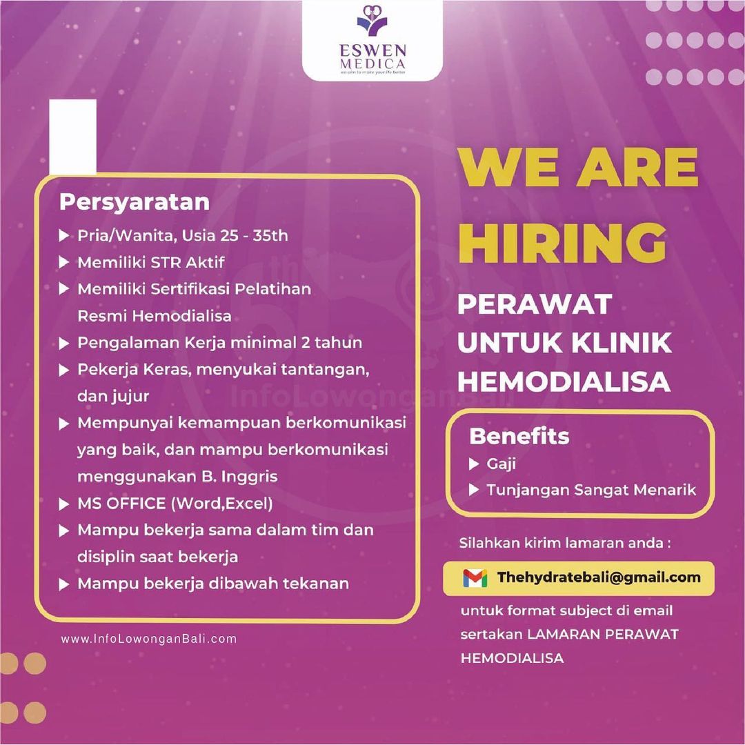 we are hiring perawat untuk klinik hemodialisa
.
Persyaratan :
- Pria / wanita, ...