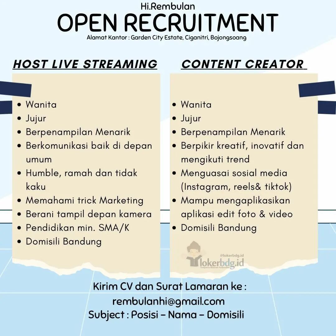 Hi.Rembulan
.
We are hiring
- HOST LIVE STREAMING
- CONTENT CREATOR
.
Kirim CV d...