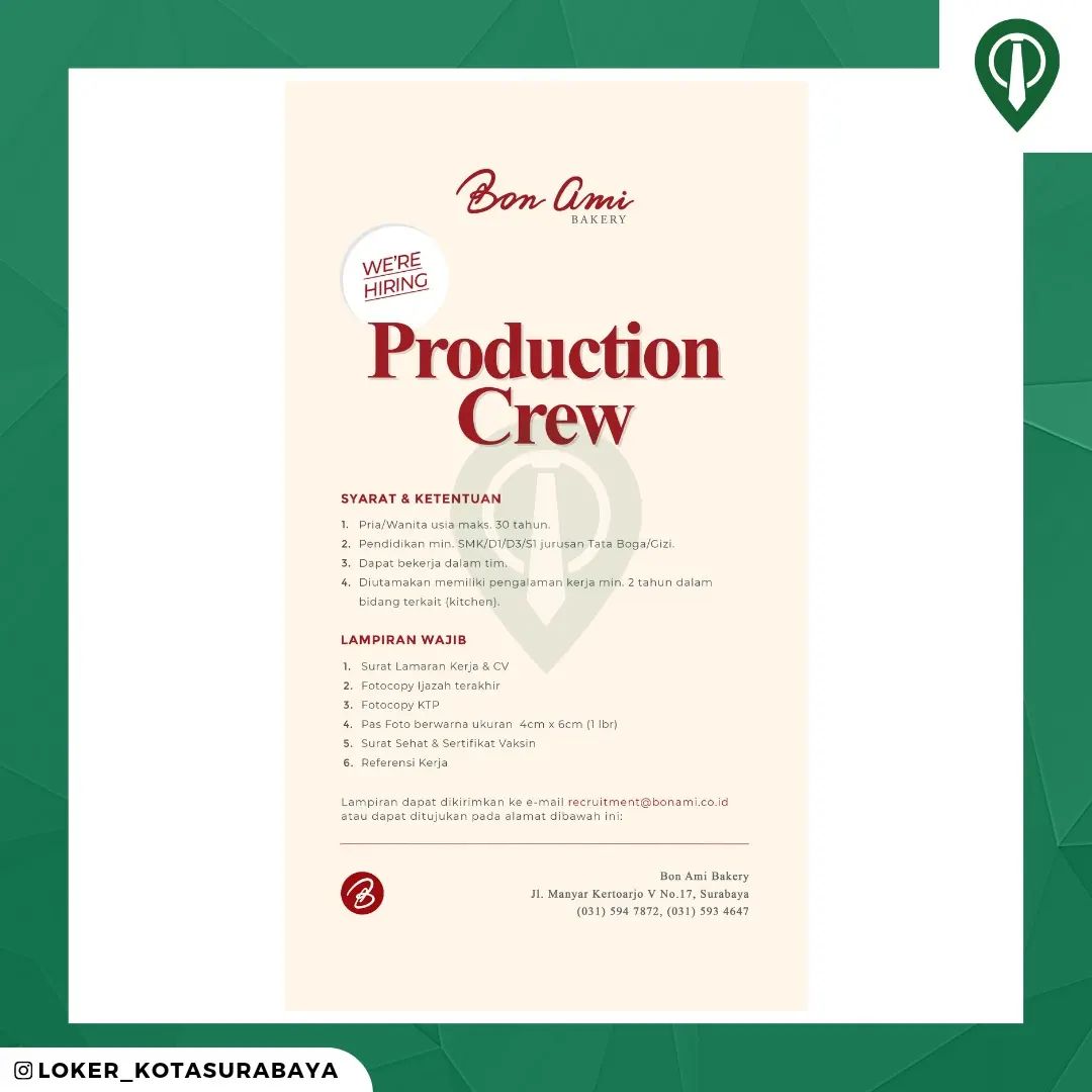 Butuh segera dengan gaji menarik
Production Crew @bonami.bakery
_____
Lampiran W...
