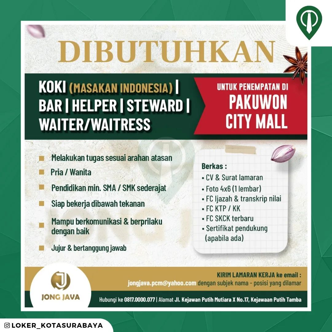 Jong Java Pakuwon City Mall is hiring !!!
_____
Kami membuka lowongan kerja untu...