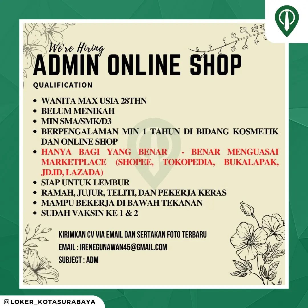 LOWONGAN KERJA
Admin Online Shop @kiwimart.id
(hanya untuk yang berpengalaman) 
...