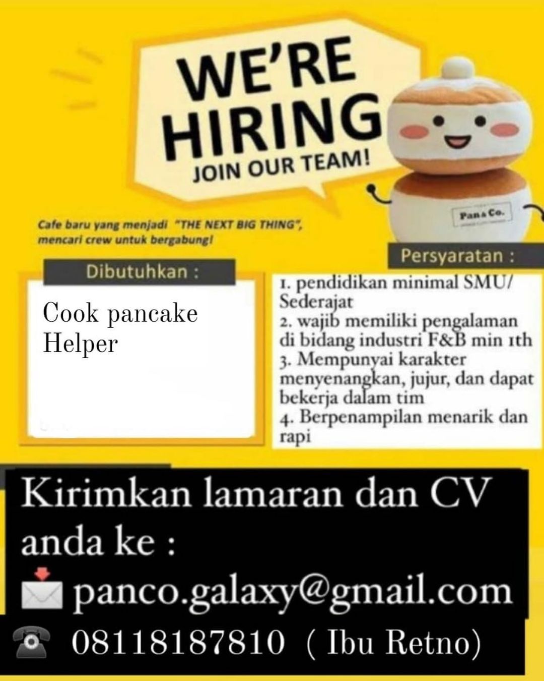 Pan&Co. Japanese Fluffy Pancakes Cafe yang Pertama di Indonesia kini mencari ind...