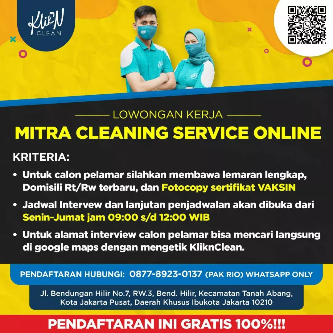 Klik'n clean saat ini sedang membuka kesempatan karir bagi kalian semua sebagai ...