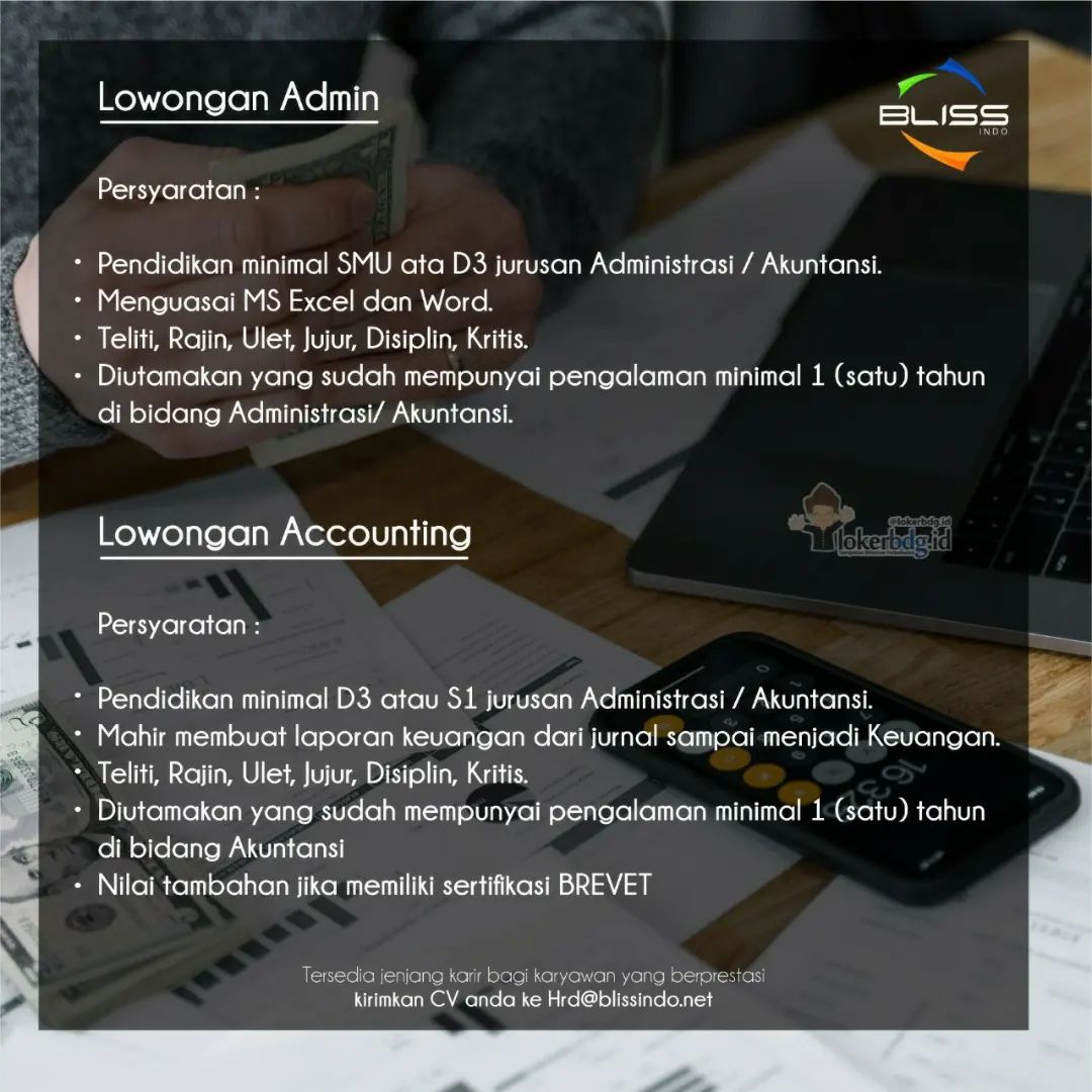 PT. BLISSINDO
.
We are hiring
- Admin
- Accounting
- HRD
- Cashier
- Waiter / Wa...