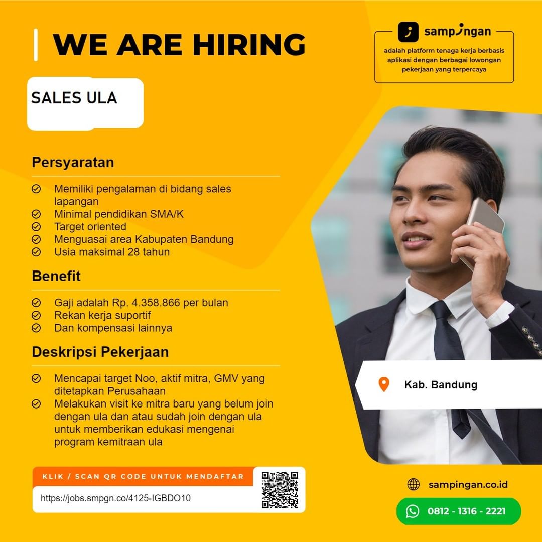 Dibutuhkan Segera : 
1. Sales ULA - Kab Bandung 
2. Sales Warung Pintar - Kota B...