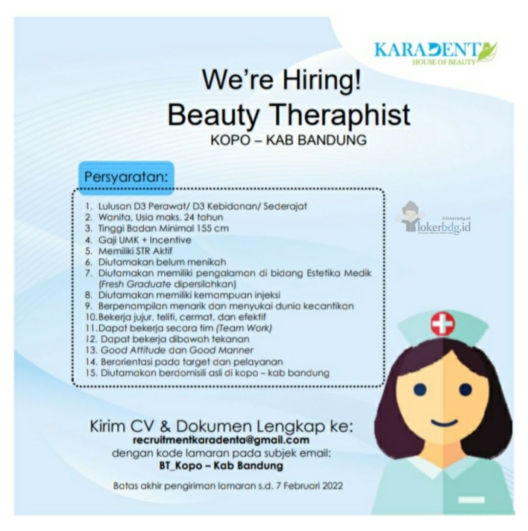 PT. Karadenta Estetika Indonesia

We are hiring
- Beauty Therapist
- Apoteker
- ...