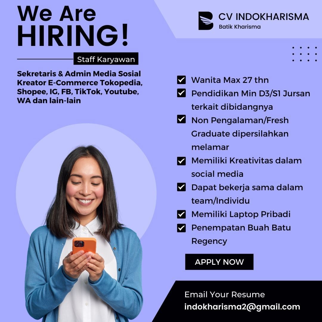 We're Hiring 
Sekretaris & Admin Media Sosial Kreator E-Commerce Tokopedia, Shop...