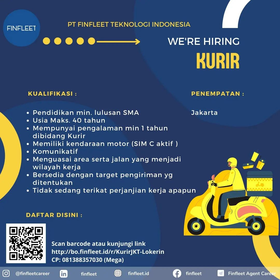 PT Finfleet Teknologi Indonesia
*MEMBUTUHKAN POSISI*

1. Kurir
2. Warehouse

Are...