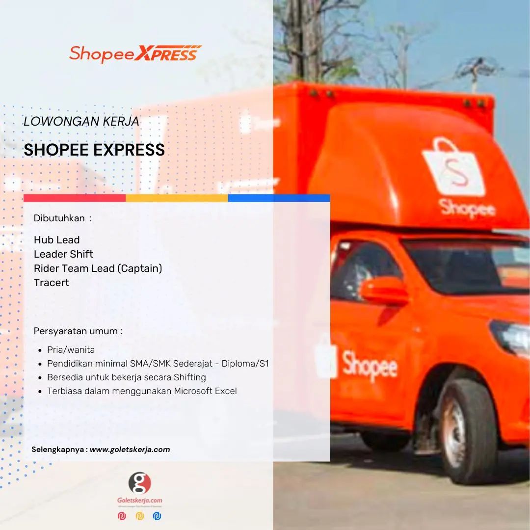 Lowongan Kerja Shopee Express

Dibutuhkan : 
1. Hub Lead
2. Leader Shift
3. Ride...