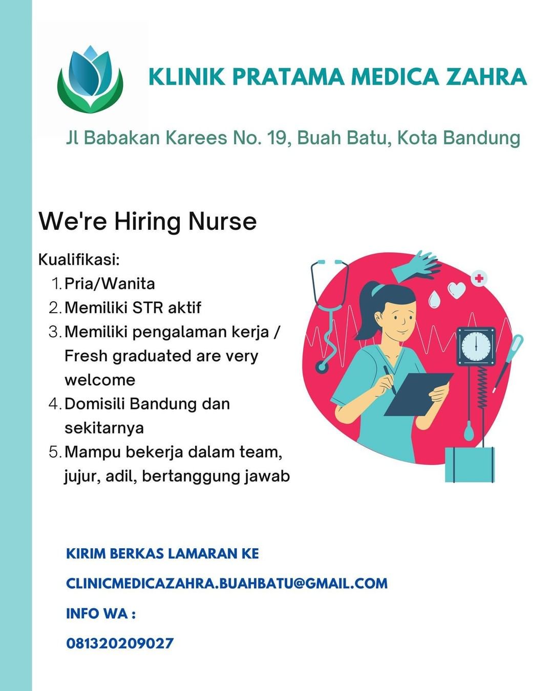 Lowongan Kerja Bandung @lokerbandung

Posisi : Perawat
Perusahaan : Klinik Prata...