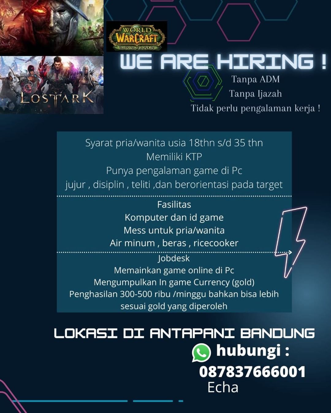 Tanpa ADM
Tanpa Ijazah
Tidak perlu pengalaman kerja

Syarat pria/wanita usia 18t...
