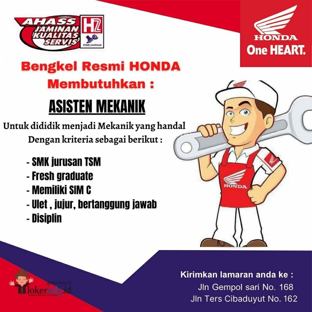 AHASS Bengkel Resmi HONDA Membutuhkan :

 - ASISTEN MEKANIK

Untuk di didik menj...