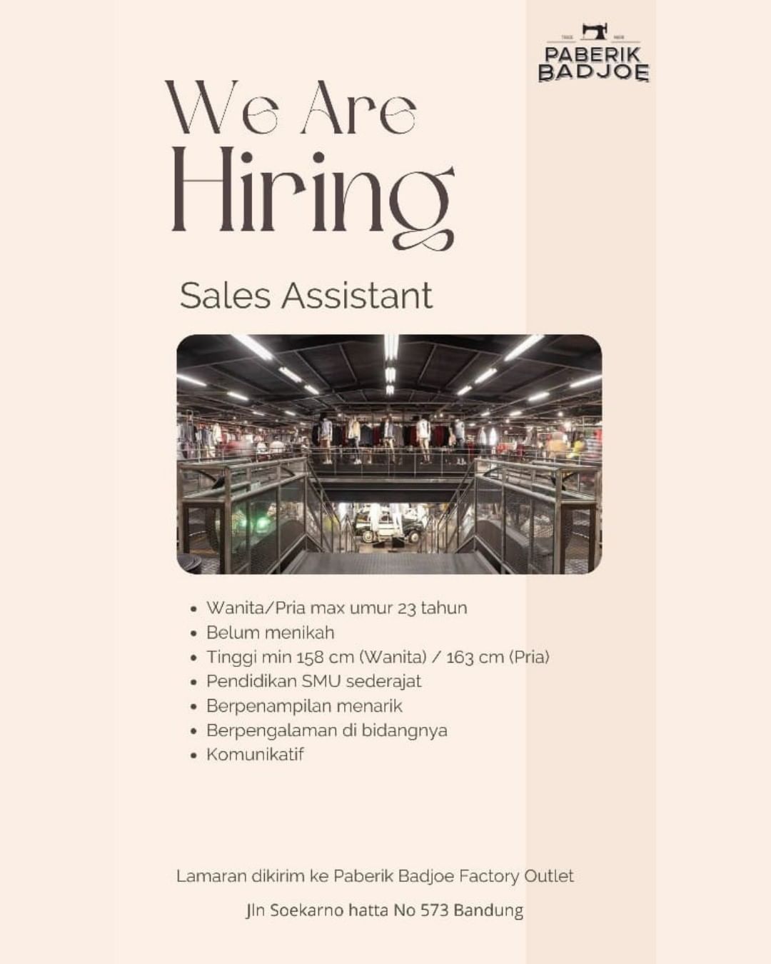 Lowongan Kerja Bandung @lokerbandung

Posisi : Sales Assistant
Perusahaan : Pabe...