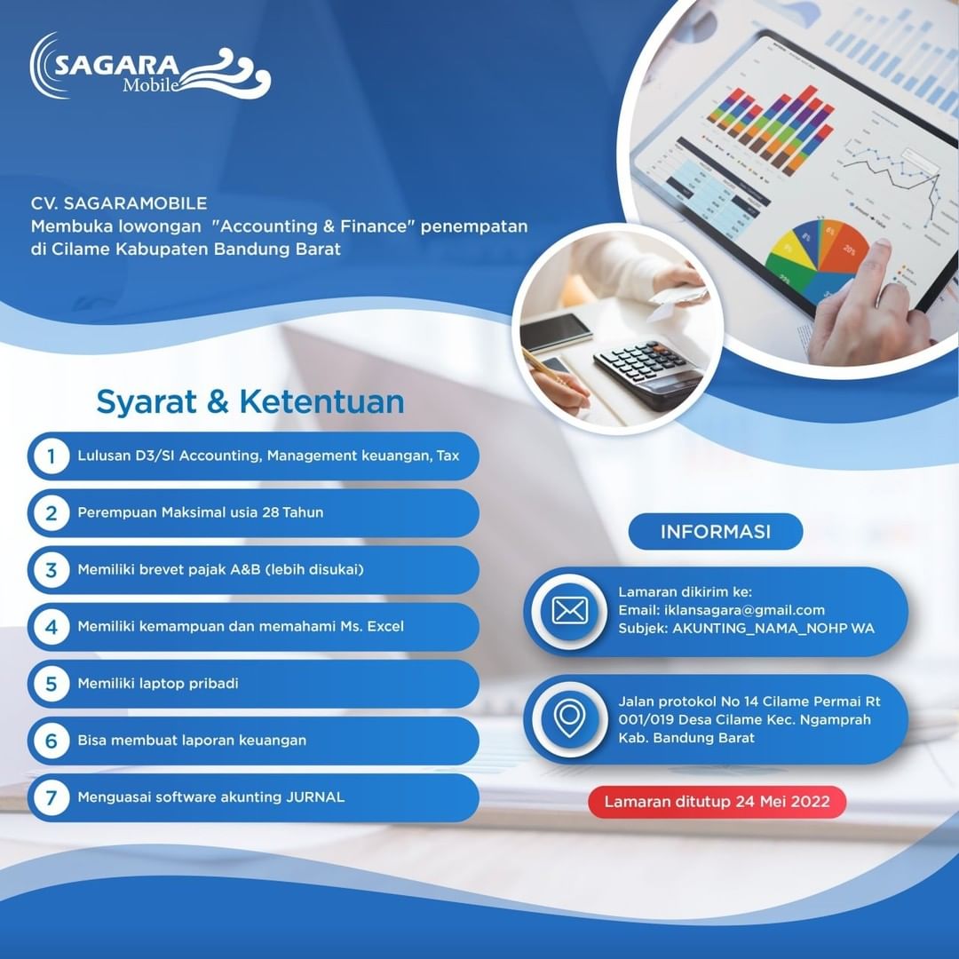 CV SAGARAMOBILE membuka lowongan "Accounting & Finance" penempatan di Cilame Kab...