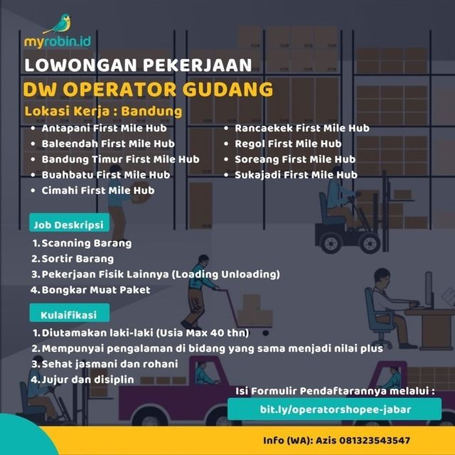 Dibutuhkan DW Operator Gudang !

Persyaratan :
1. Pria
2. SKCK dan NPWP tdk waji...