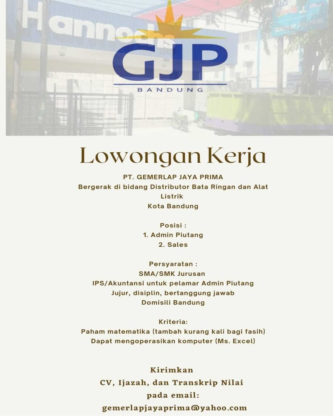 Lowongan Kerja Bandung @lokerbandung

Posisi : 
1. Admin Piutang 
2. Sales 
Peru...