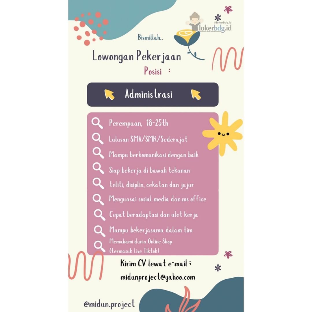 Midun Project

We are hiring
- Administrasi

Kualifikasi :
- Perempuan, 18-25th
...