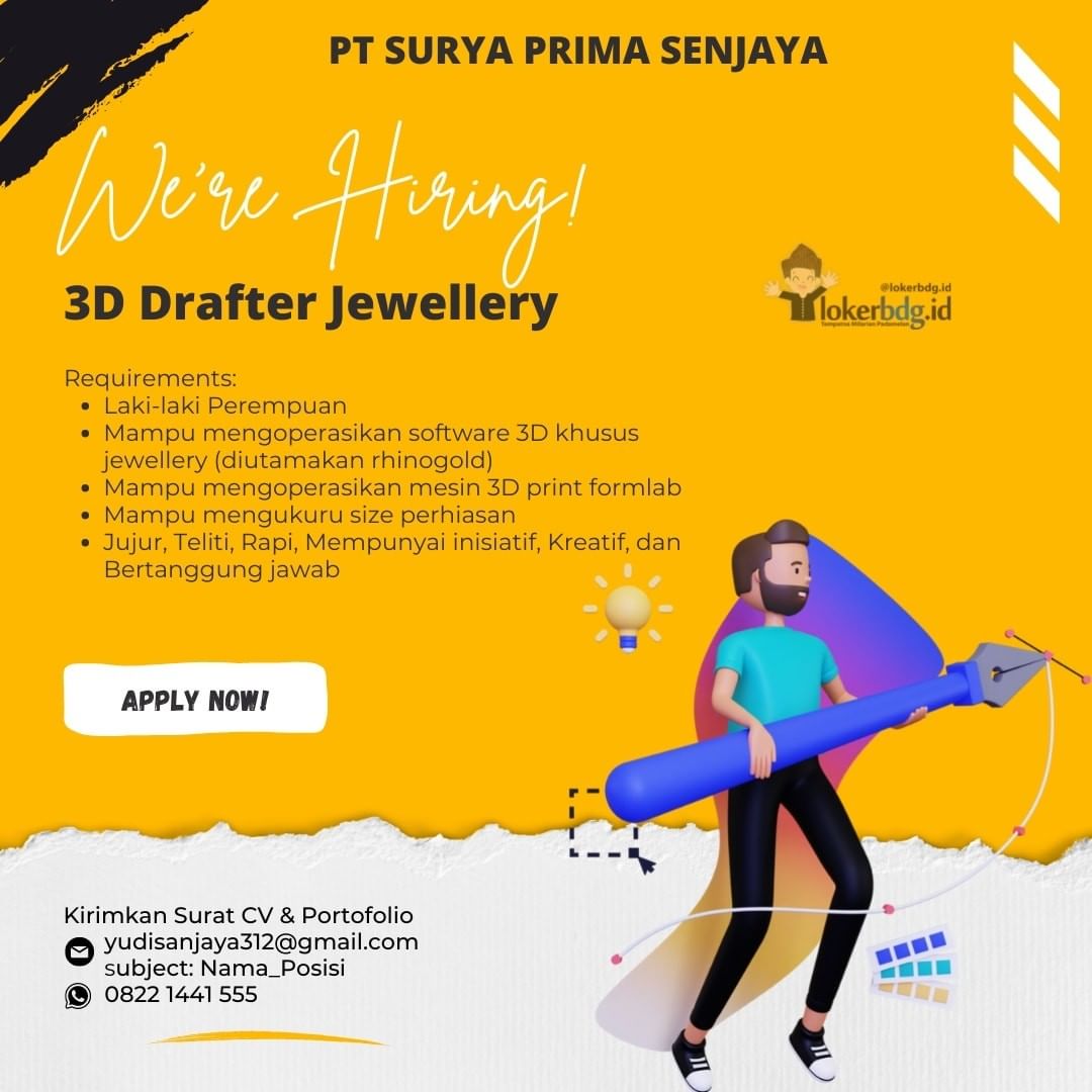PT. SURYA PRIMA SENJAYA

WE ARE HIRING
- 3D DRAFTER JEWELLERY

Requirements:
- L...