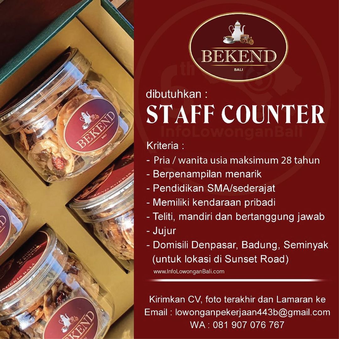 BEKEND Bali is #hiring!
.
We are looking for Staff Counter
.
Kriteria :
- Pria /...