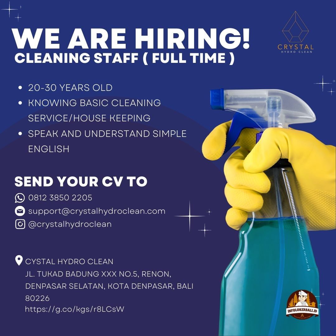 CRYSTAL Hydro Clean
We are hiring 

CLEANING STAFF (Full time)
- 20-30 years old...