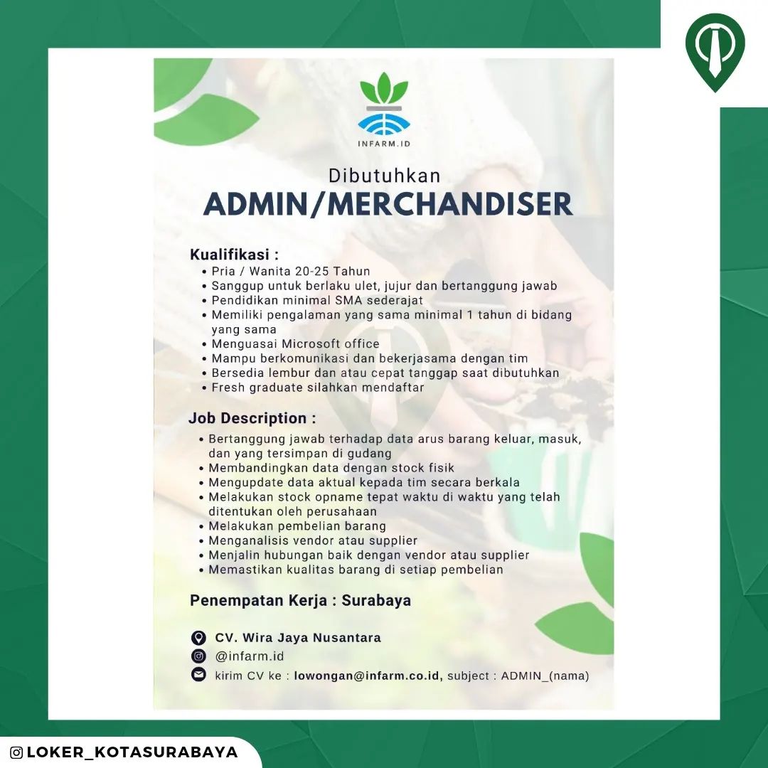 LOWONGAN KERJA
@infarm.id
_____
Dibutuhkan :
- Admin/Merchandiser
- Admin/CS Onl...