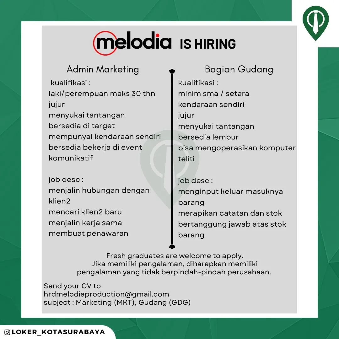 Melodia Production is hiring! 
Marketing (full time) dan Bagian Gudang (full tim...